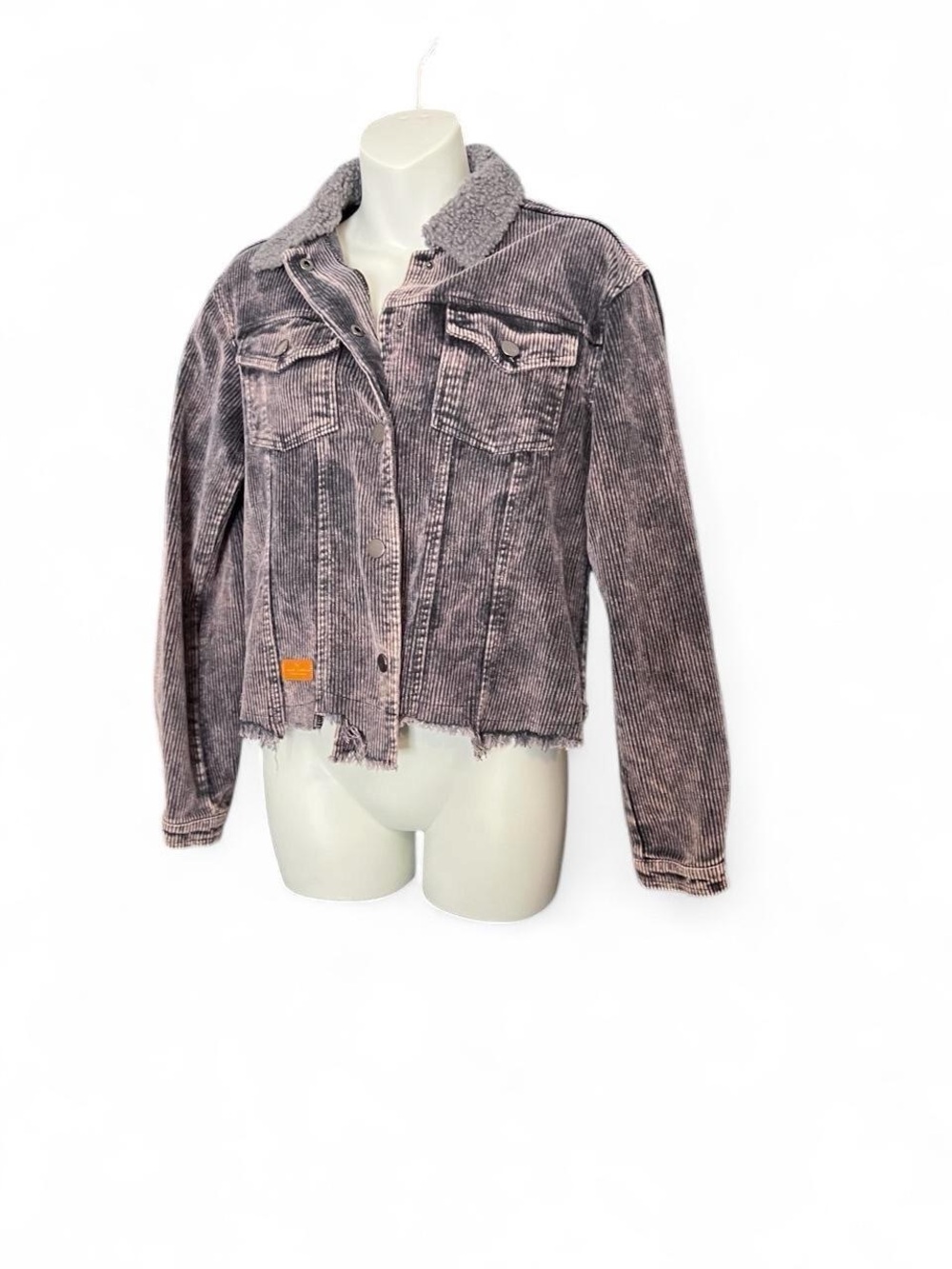 Women's Distressed Corduroy Jacket with Sherpa Collar - Gray